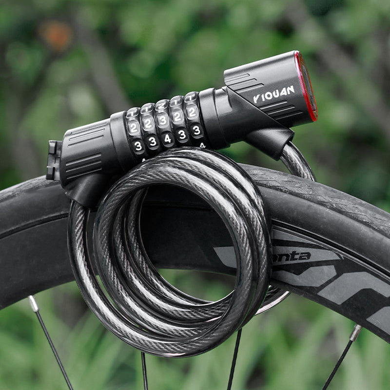 5-Digit Password Bike Lock with Safety Tail Light - Anti-Theft Steel Cable Chain Lock, Bicycle Security Accessory