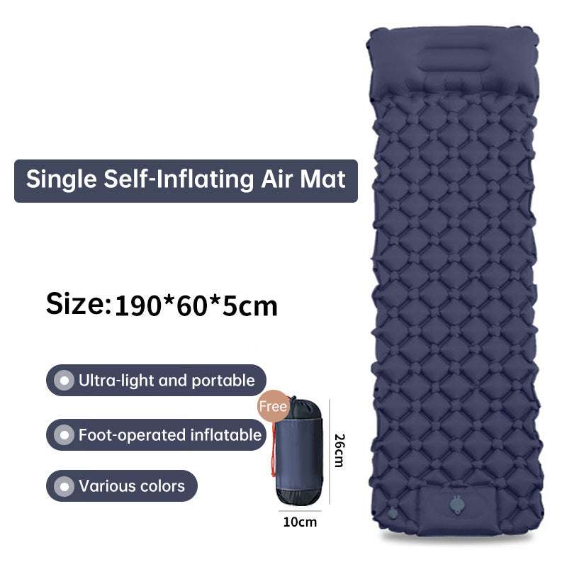 Outdoor double inflatable sleeping pad – with built-in pillow & pump, for camping, backpacking, hiking.