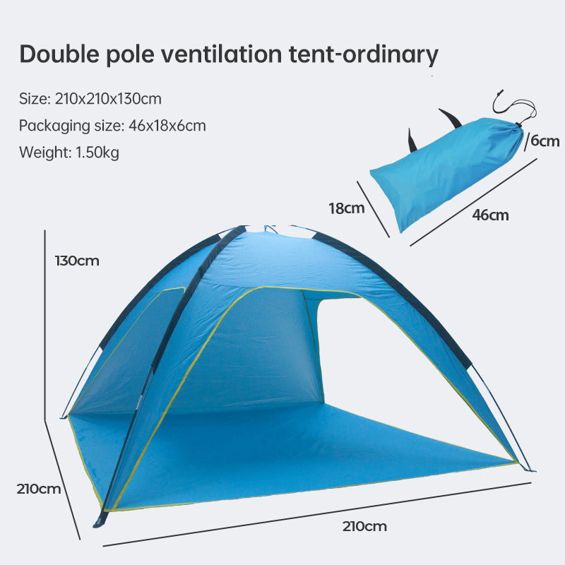 Quick-open beach tent, sun shelter, light shade for outdoor camping, 3-vented, spacious design
