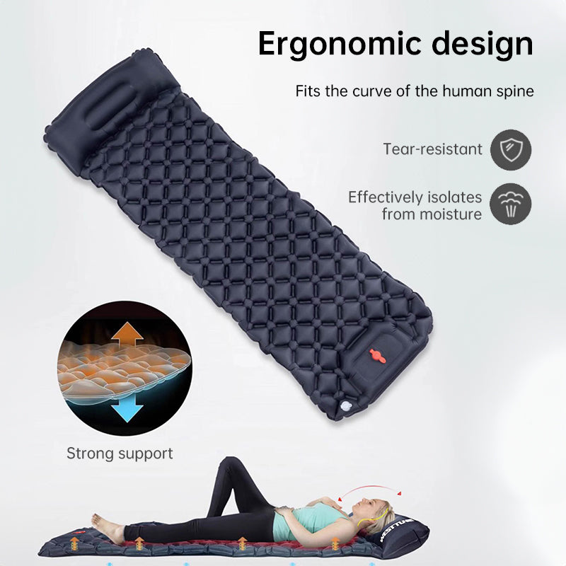 Outdoor double inflatable sleeping pad – with built-in pillow & pump, for camping, backpacking, hiking.