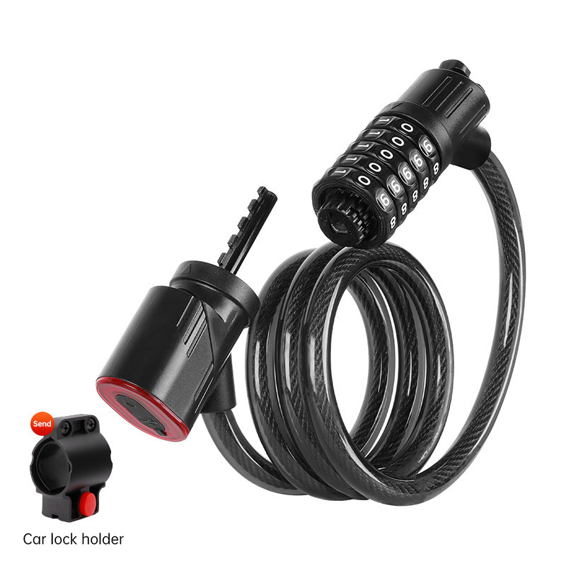 5-Digit Password Bike Lock with Safety Tail Light - Anti-Theft Steel Cable Chain Lock, Bicycle Security Accessory