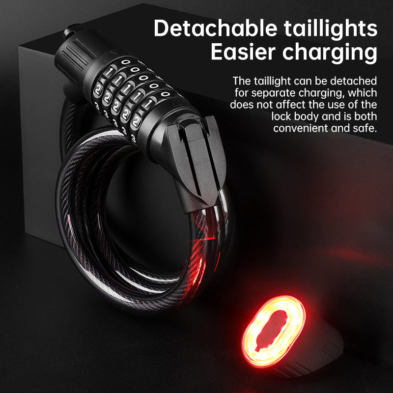 5-Digit Password Bike Lock with Safety Tail Light - Anti-Theft Steel Cable Chain Lock, Bicycle Security Accessory