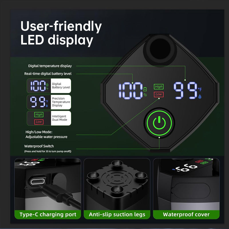 Camping & Hiking Portable Shower - 6000mAh Rechargeable, Full-Screen Digital Display