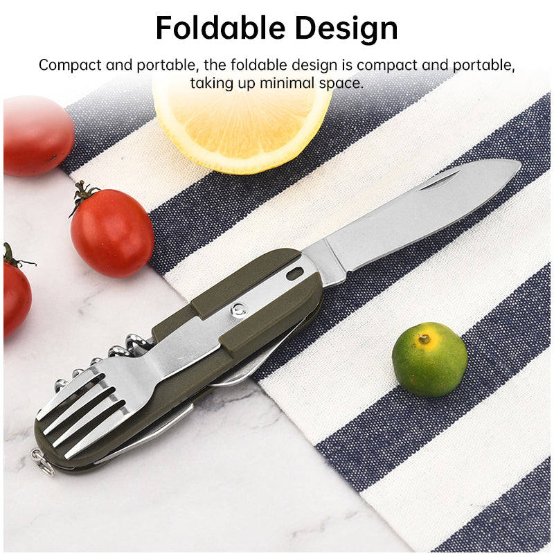 7-in-1 multifunctional stainless steel foldable outdoor camp tableware: fork, spoon, knife. Survival tools for picnic, camping.