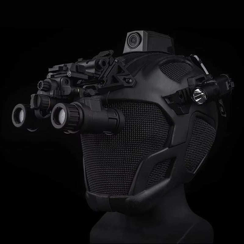Lightweight EVA tactical helmet for hunting, airsoft, etc. Steel mesh mask included, good for cosplay.