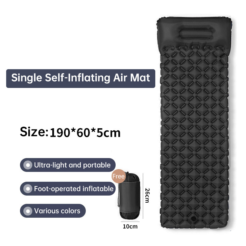 Outdoor double inflatable sleeping pad – with built-in pillow & pump, for camping, backpacking, hiking.