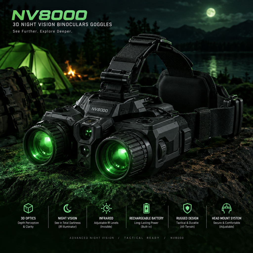 NV8000 Helmet-Mountable Night Vision Goggles. 3D, Infrared, 7-Level Brightness, Waterproof for Adults.